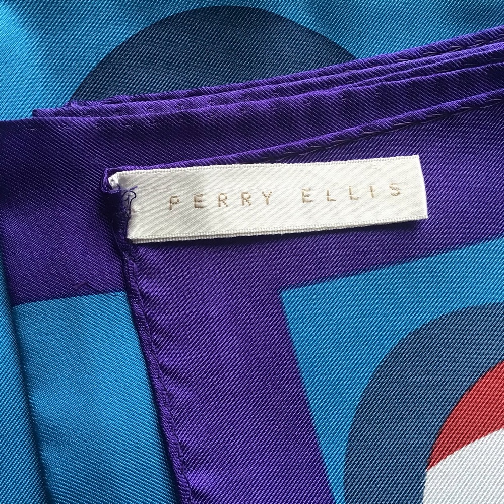 Vintage Perry Ellis Rectangular Blue Silk Scarf Billiard Balls - Picture 5 of 6